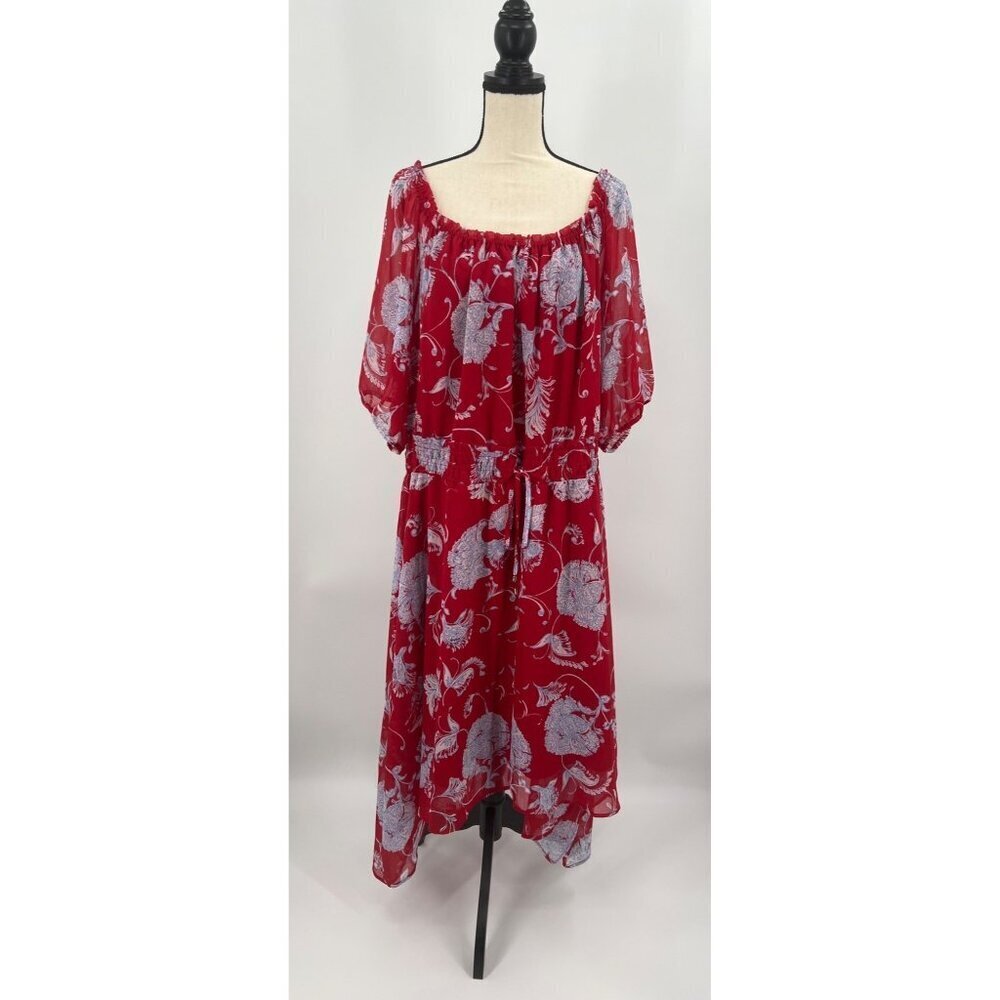 Tommy Hilfiger Floral Red Off Shoulder Dress Size 20W Sheer Sleeves